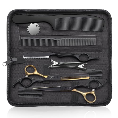 JASON 6-Inch Professional Hair Cutting Scissors Set Black & Gold – 10-Piece Barber Shears