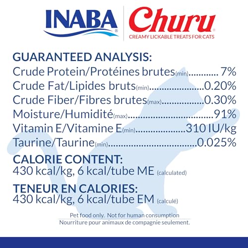 INABA Churu Cat Treats, Grain-Free, Lickable, Squeezable Creamy Purée Cat Treat/Topper with Vitamin E & Taurine, 0.5 Ounces Each Tube, 24 Tubes (4 per Pack), Chicken with Scallop Recipe