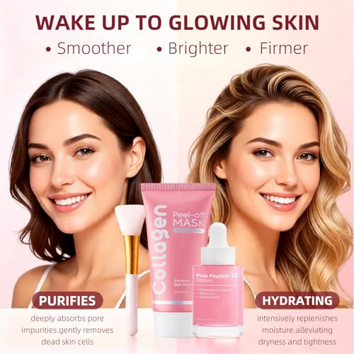 Collagen mask Hydrolyzed &Niacinamide Peel-Off Mask Overnight ,Radiant and Revitalized Skin ? Korean Face skincare for Hydration & Elasticity,Infused with Peptides & PDRN Serum for Smooth,Set