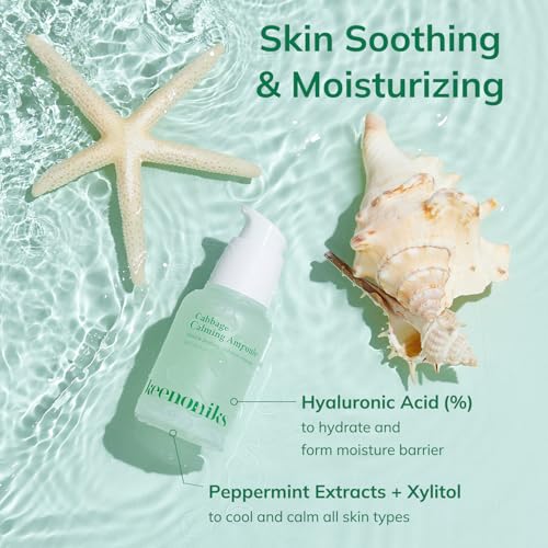 keenoniks Cooling Hyaluronic Acid Ampoule Serum - 85% Cabbage Extract Calming Facial Remedy to Soothe and Moisturize for Sensitive, Dry Skin | Balancing Korean Essence - 1.01 Fl Oz