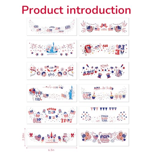 12PCS Red White Blue Freckle Tattoos - 4th of July Patriotic Face Stickers