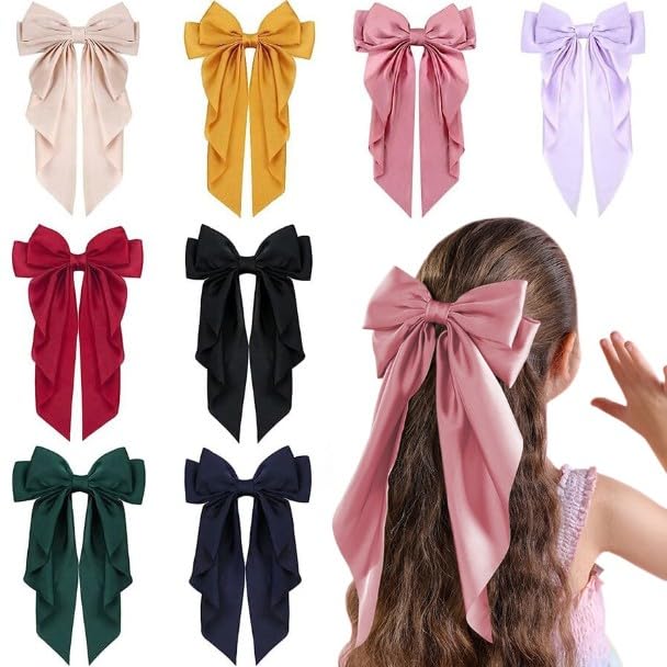 Light Blue Jumbo Silky Satin Bow Clip Hair Barrettes with Long Tails - Large French Metal Bowknot Hairpins for Girls