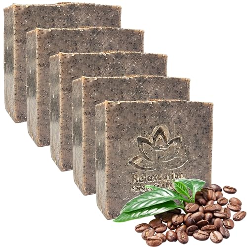 Relaxcation Handmade Coffee Scrub Soap Bar ? Natural Exfoliating Soap with Fresh Ground Coffee, Cocoa Butter & Latte Aroma ? Cold Process Body Scrub Bar - (5 bars)