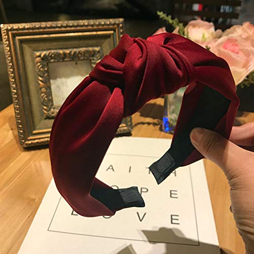 MHDGG Satin Knotted Turban Headband, Wide Solid Color Headwear for Women, Red