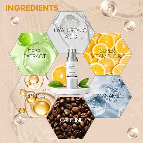 Super Vitamin C Serum, 20% Vit C Anti Aging & Wrinkle Retinol Face Serum With Hyaluronic Acid, Vitamin E, Caffeine, Peptides For Women Face Fine Lines Wrinkle Dark Spots Brightening - 1 Fl Oz