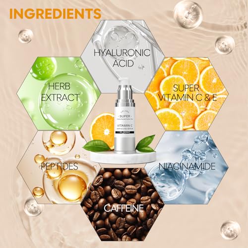 Super Vitamin C Serum, 20% Vit C Anti Aging & Wrinkle Retinol Face Serum With Hyaluronic Acid, Vitamin E, Caffeine, Peptides For Women Face Fine Lines Wrinkle Brightening - 1 Fl Oz