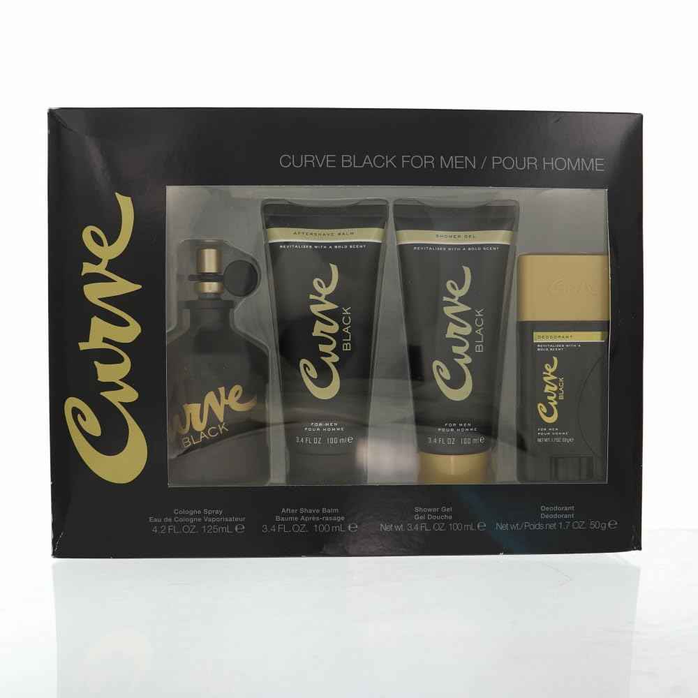 Liz Claiborne Curve Black for Men - 4 Piece Gift Set - 4.2 Oz Eau De Cologne Spray, 3.4 Oz After Shave Balm, 3.4 Oz Shower Gel, 1.7 Oz Deodorant