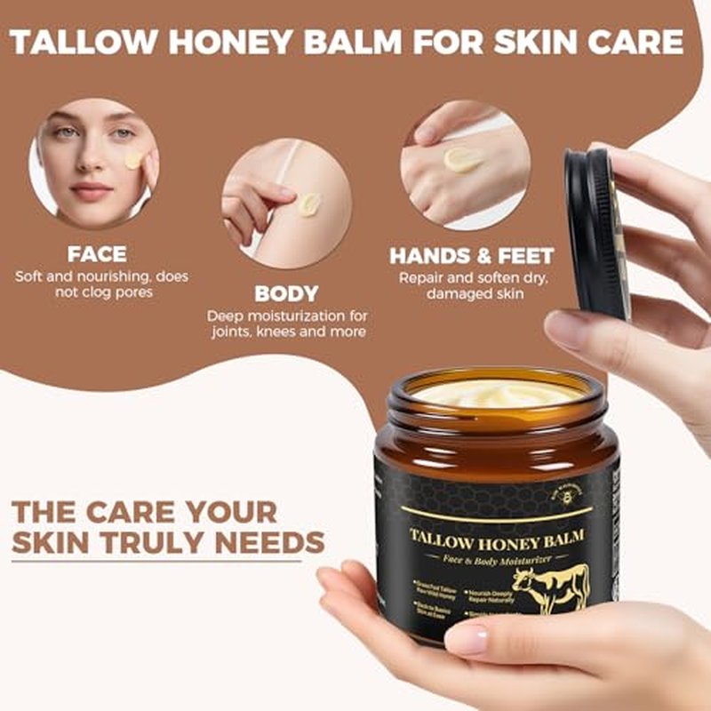 KINGMING Beef Tallow for Skin, Tallow and Honey Balm for Face, Facial Moisturizer Cream, Grass Fed Beef Tallow Balm Deeply Moisturizing for Face & Body, Suitable For All Skin Types (4.23 oz)