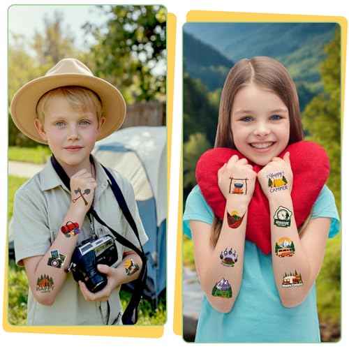 Konsait 96Pcs Camping Temporary Tattoos, Pre-Cut Camping Party Decorations Tattoos Stickers Campings Party Favors, Camp Gifts Camping Fun Stuff Accessories Party Ideas