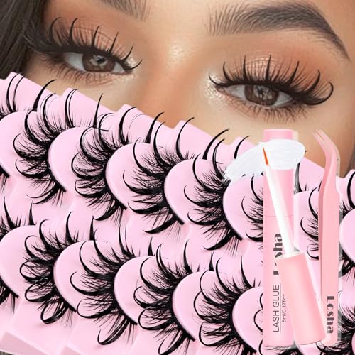 Losha Manga Spiky Lashes - 10 Pairs D Curl Cat Eye with Glue & Tweezer