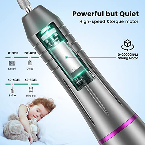 Portable Electric Nail Drill, Professional Electric Nail Drill for Acrylic Nails Gel, Low Vibration Safe, 20000 RPM Adjustable Speed File for Home Salon Use,Grinding Polishing Trimming Purple