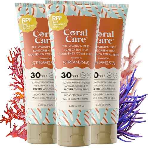 Stream2Sea Coral Care - Reef Safe Sunscreen SPF 30 Travel Size - First Reef-Approved Natural Mineral Sun block Boosts Coral Growth Water resistant- Non-Toxic, Biodegradable, Eco-Friendly - 3 Pack