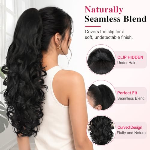 24 Inch Claw Clip Ponytail Extension Curly Wavy Black
