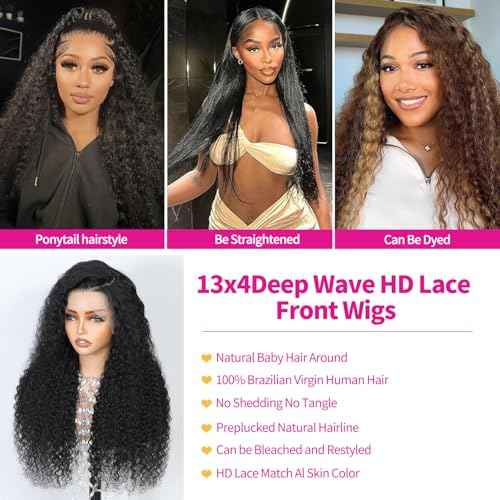 Deep Wave Lace Front Wigs Human Hair 13x4 HD Lace Front Wigs Human Hair Pre Plucked Brazilian Curly HumanHair Wig 200 Density Glueless Frontal Wigs For Women(26inch)