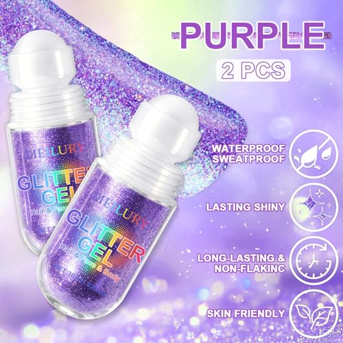2PCS Purple Roll-On Body & Face Glitter Gel for Face Hair and Body, Holographic Makeup