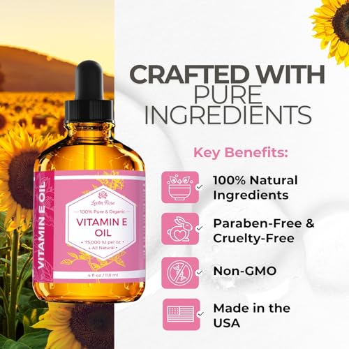 Vitamin E Oil by Leven Rose 75,000 IU per oz 100% Natural, Organic, Pure Vitamin E Oil for Skin, Face, Hair, Nails, and Scars, 4 oz