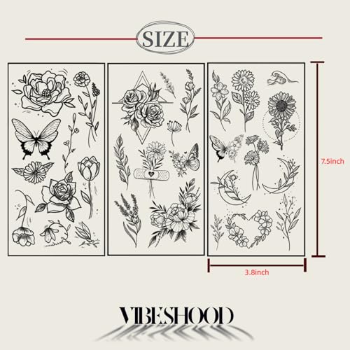 Floral Bouquet Temporary Tattoos for Women - 3 Sheets, 5-7 Day Waterproof