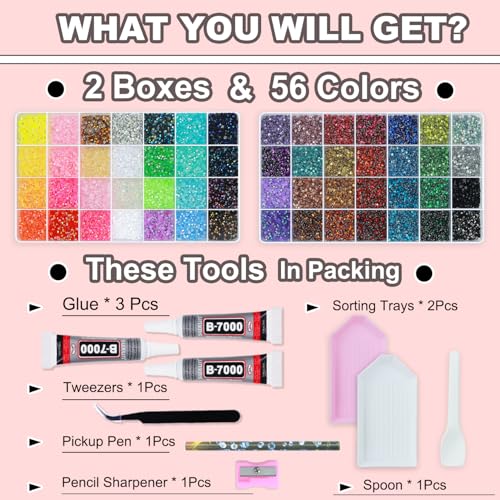 2 Boxes Bedazzling Rhinestones Kit 56 Colors 3mm with All Tools & Glue - BAOYAALIN