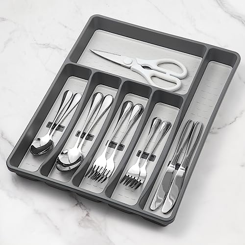 Silverware Organizer with Cutlery Icons，Pink Kitchen Silverware Tray for Drawer，Plastic Flatware Tableware Silverware Drawer Organizer Utensil Organizer with Non-slip TPR Linings，5-Compartment