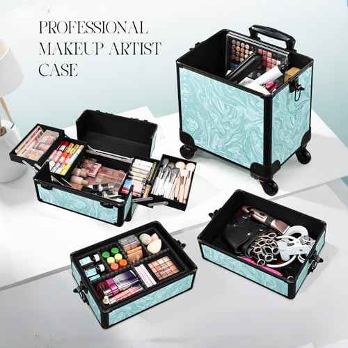 Rolling Makeup Case, 4 in 1 Makeup Case on Wheels, Professional Makeup Trolley, Cosmetic Train Case Makeup Cart Travel Trolley with Key for MUA, Hairstylists, Nail Tech, Turquoise Vitality