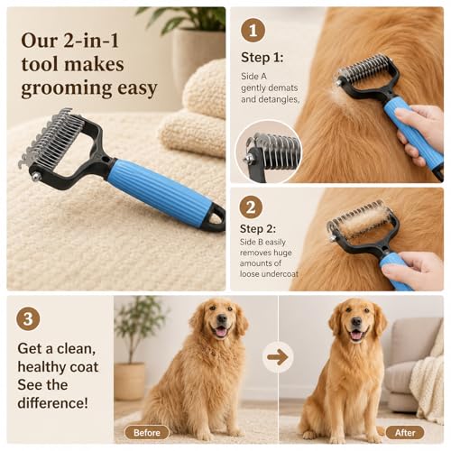 Double Sided Pet Dematting Comb & Undercoat Rake for Dogs & Cats