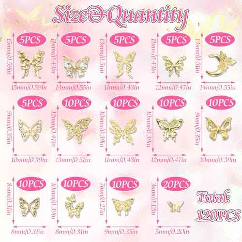 RODAKY 120pc Butterfly Nail Charms - Gold 3D Butterflies with Rhinestone Mixed Size Y2K Nail Decoration for Women's Manicure Design DIY Craft Embellishment