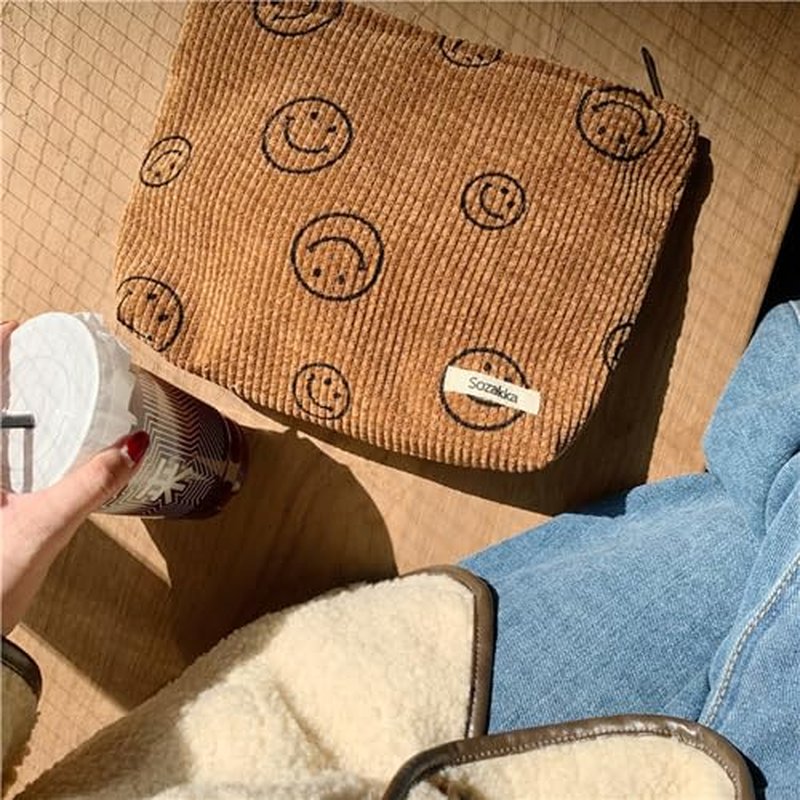 Corduroy Cosmetic Bag for Women - Makeup Organizer Pouch Brown