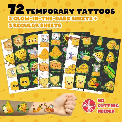 96 PCS Cheese Party Favors Set ? 72 Pre-Cut Temporary Tattoos & 24 Slap Bracelets for Kids, Perfect for Cheese-Themed Birthdays, Classroom Rewards & Party Decorations