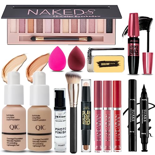 All in One Makeup Kit for Women Full Kit, 12 Colors Eyeshadow, Foundation & Primer, Lipsticks, Eyeliner, Mascara, Contour Stick, Brow Soap, Makeup Brush & Sponge, Make Up Gift Set for Women, Teens