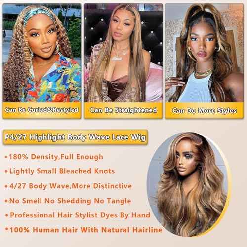 Anderah 13x6 Highlight Ombre Lace Front Wigs Human Hair Honey Blonde Body Wave Lace Front Wigs Human Hair Pre Plucked With Baby Hair 180% Density Body Wave Glueless Human Hair Wigs For Women 30Inch