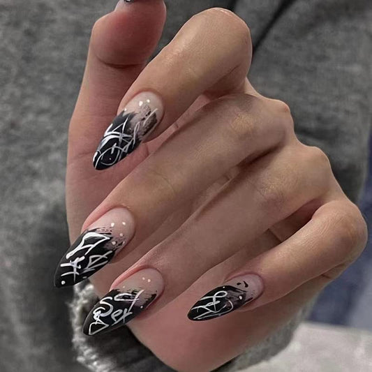 DOUBNINE Stiletto Press on Nails Long Fake Nails Black Matte Glue on Nails Almond Acrylic Nails Stick on Nails for Women