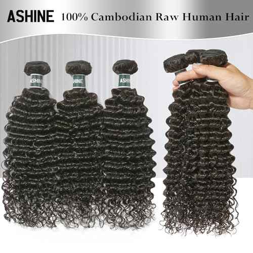 ASHINE Human Hair Bundles Deep Curly Water Wave, Unprocessed Cambodian Raw Hair 14 16 18 Inch, Flip Over Quick Weave Wet and Wave Bundles for Women Natural Black