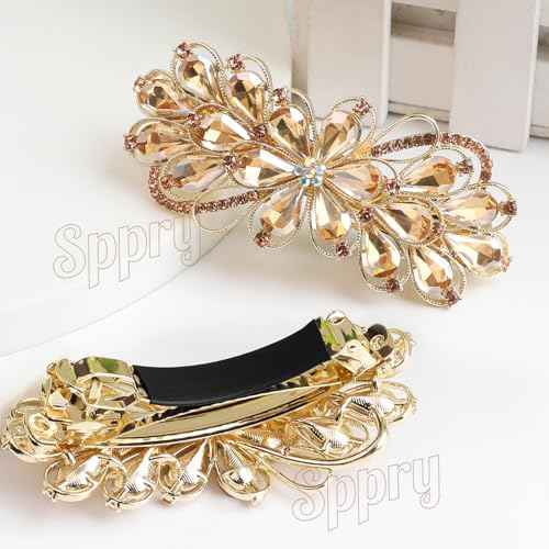 Large Gorgeous Rhinestone Hair Barrette for Women, Flower Jewelry Design (Champagne)