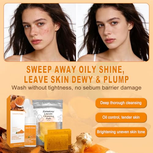 Turmeric Wash and Care Set, 3-Piece Turmeric Skincare Set:Turmeric Facial Wash with Brush,Cleansing Pad,Soap bar, Deep Cleansing for Face & Body