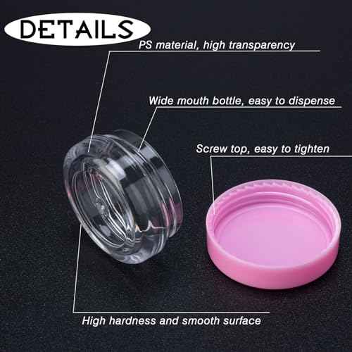 200 Count 3 Gram Sample Containers, Clear Lip Balm Containers with Lids, Small Plastic Sample Jars with 12 Mini Spoons, 200pcs Labels (Pink Lid)
