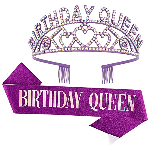 Purple AB Rhinestone Tiara & Birthday Queen Sash Set