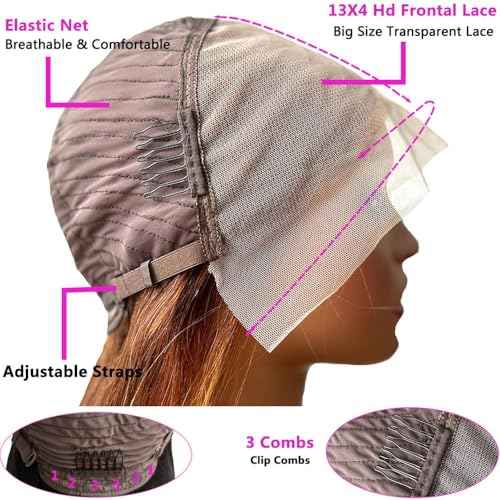 Ombre Honey Blonde Bob Wig Human Hair Highlight 13x4 Hd Lace Front Wigs Human Hair Pre Plucked 14 Inch Middle Part 4/27 Colored Glueless Lace Frontal Wigs(14 Inch, 4/27 Highlight)