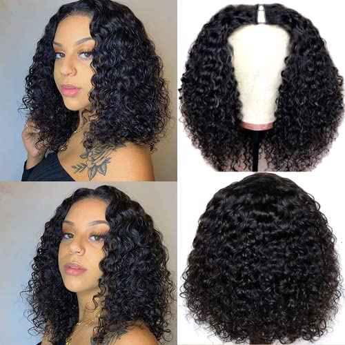 Curly V Part Human Hair Wigs No Leave Out Brazilian Human Hair Wig For Black Women Curly Bob Wig Upgrade U Part Wigs NO Glueless 180% Density Natural Black 12 Inch
