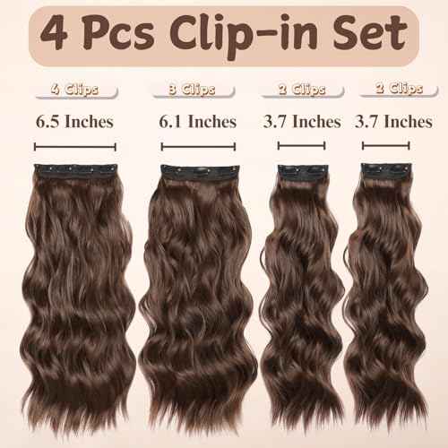 Clip in hair Extension,4Pcs Brown Clip in Synthetic Hair Extensions,22inch Long Wavy Curly Hairpieces Fiber, Chestnut Double Weft Thick and Soft Hair Extensions party daily for women girls
