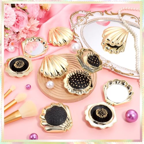 AceOrbit Mermaid Shell Hair Brush with Mirror - 6 Pcs Compact Travel Set