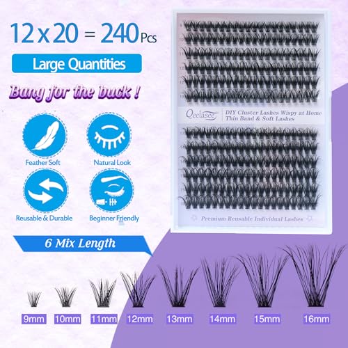 3D Effect Qeelasee 40d Lash Clusters Eyelash Extensions Wispy DIY Individual Eye Lashes Natural Volume 240pcs Mix9-16mm (3D effect, 40D-MIX9-16)