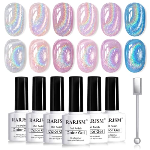 RARJSM Holographic Cat Eye Gel Nail Polish Set - 6 Colors