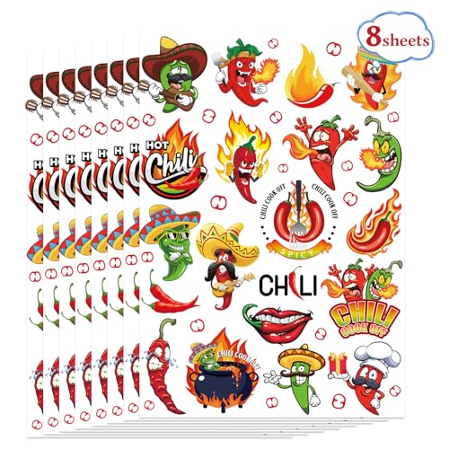 Chili Cook off Temporary Tattoos, 160 Pcs Chili Cook Off Decorations, Funny Red Hot Pepper Cook-Off Tattoo Stickers for Mexican Theme Cooking Fiesta Food Contest Competition Party Favors Supplies