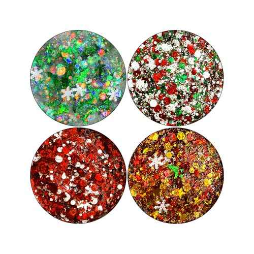 Christmas Body Glitter Gel SUPGIFT 4 Colors 8.5oz Holographic Chunky Mermaid Iridescent Laser Liquid Star Flower Leaf Sequins for Makeup Face Eyeshadow Hair with Spoon