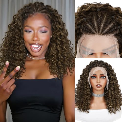 WIGNEE 13x4 Lace Front Wig Cornrows Braided Wigs For Women Short Afro Curly Wig Braiding Hair HD Lace Frontal Wig With Baby Hair Lightweight Hand Braid Synthetic Hair£¨R6/12/27£¬16 Inch£©