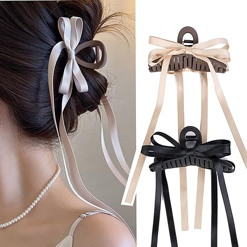 Agirlvct 2 Pack Bow Hair Clips with Long Tail, 5 inch Tassel Ribbon Big Hair Claw Clips,Hair Clip for Girl Women Thick Hair, Large Hair Clips Long Hair Accessories Barrettes Birthday Gift(Brown&Black)