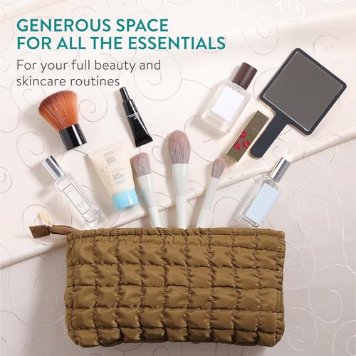 Navaris Large Puffy Makeup Bag, Set of 2 - Coquette Quilted Pouch Design - Preppy Clean Girl Aesthetic - Lightweight Cosmetic Bags - Make up, Skincare & Toiletries - Brown & Beige