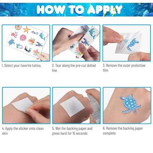 96 PCS Ocean Sea Animal Shark Whale Fish Pre-Cut Temporary Tattoos for Kids | Super Cute Themed Birthday Party Favors, Supplies, Decorations, Fake Tattoo Stickers (Multiple)