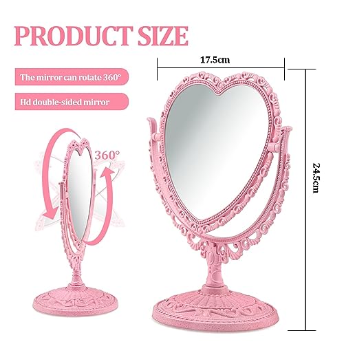 Pink Heart Vanity Mirror 360° Swivel Double Sided Makeup