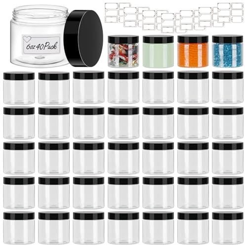 SZUAH 6 oz Plastic Containers with Lids 40Pack, Plastic Jars with Lids 6 oz, Empty Clear Slime Containers for Lotion, Cream, Body Butter, Makeup, Travel Storage(180ml, Set of 40)